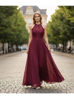 Lulus Women’s Burgundy Lace Halter Maxi Dress Size M Flowy Elegant Gown Formal